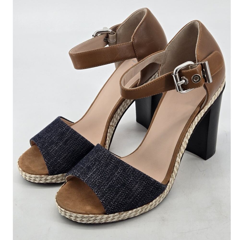Aquatalia Danielle Black Denim Leather Block Heel Ankle Strap Shoes Sandals Sz 9